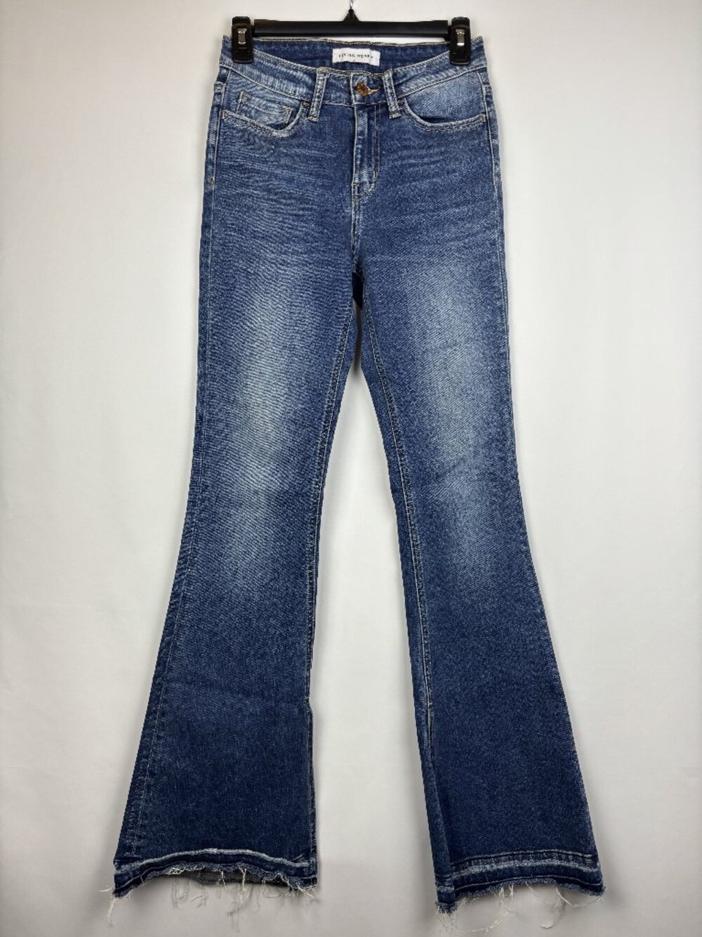 25 Flying Monkey Tapered Flare Jeans Dark Wash Raw Hem Distressed Cotton Denim